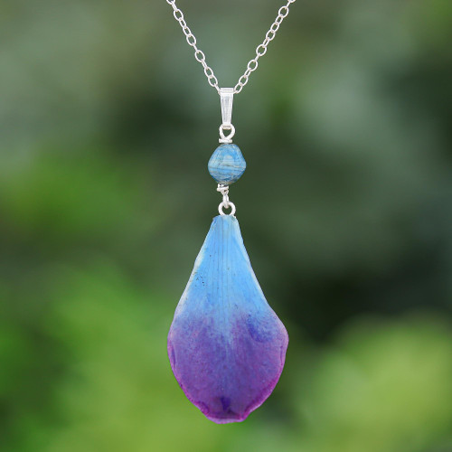 Blue and Purple Orchid Petal Pendant Necklace 'Bloom Basket in Blue'