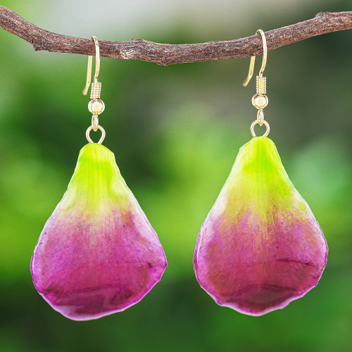 Gold-Plated Orchid Petal Dangle Earrings 'Summer Treat in Berry'