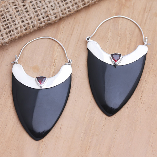 Balinese Garnet and Black Horn Sterling Silver Drop Earrings 'Sleek Black Curves'