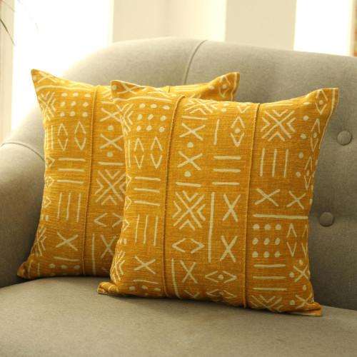 Goldenrod Cotton Cushion Covers from India Pair 'Goldenrod Fields'