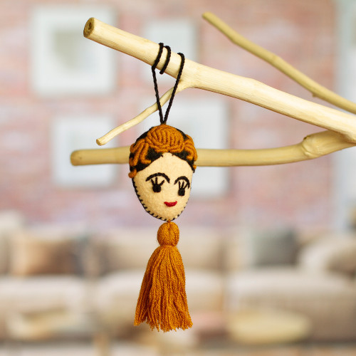 Handmade Golden Yellow Wool Frida Ornament 'Frida in Gold'