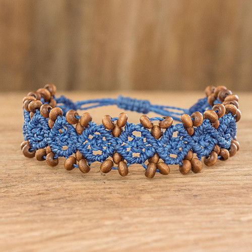 Ocean Blue Macrame Bracelet with Pinewood Beads 'Boats on Ocean'