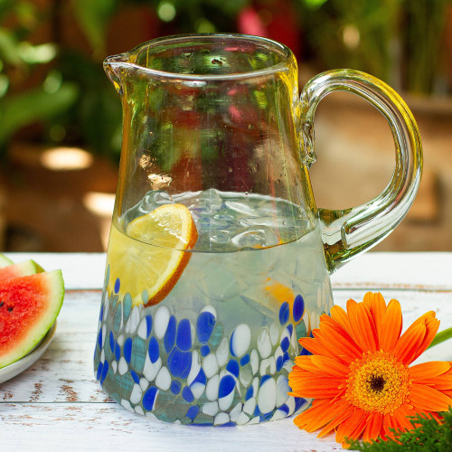 Hand Blown Glass Pitcher with Blue and White from Mexico 'Blown Azure'