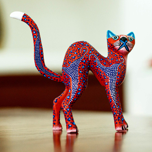 Red and Blue Arched Cat Alebrije Figure from Oaxaca 'Crimson Cat'