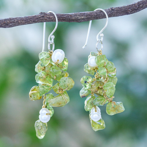 Peridot and Cultured Freshwater Pearl Dangle Earrings 'Peridot Sea'