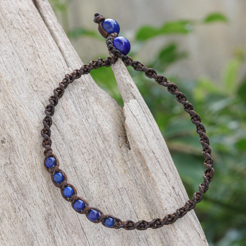 Blue Lapis Lazuli Beaded Macrame Ankle with Beaded Closure 'Thai Beach Chic in Blue'