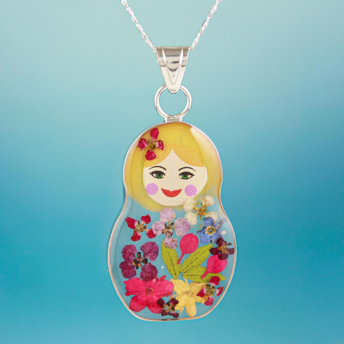 Natural Flower Pendant Necklace with Blonde Matryoshka 'Blonde Mexican Matryoshka'