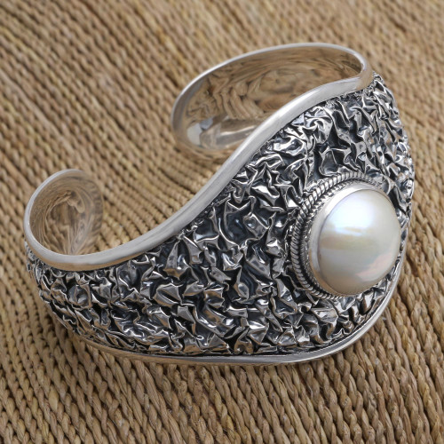 Cultured Pearl and Sterling Silver Cuff Bracelet 'Overflow of Love'