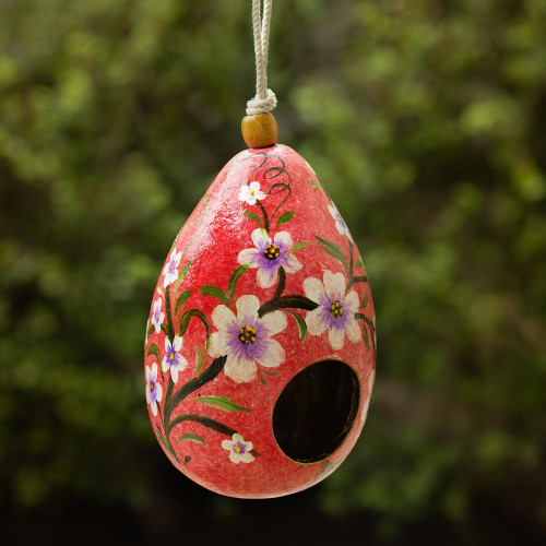 Hand Painted Crackled Red Dried Gourd Birdhouse from Peru 'Spring Rose Condo'