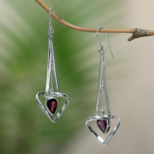 Balinese Garnet and Sterling Silver Dangle Earrings 'Trapeze Artist'