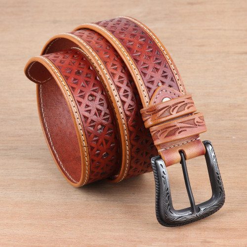 Tooled Men's Leather Belt 'Crosscheck'