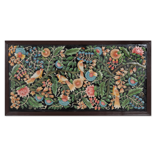 Handmade Hand-painted Relief Marble Wall Art from India 'Birds with Flowers'