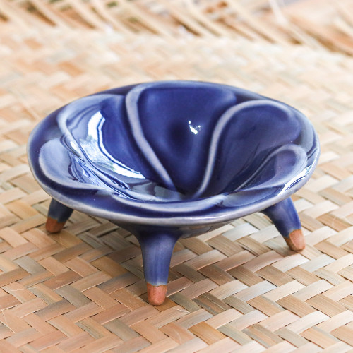 Floral Celadon Candy Dish from Thailand 'Blue Plumeria'