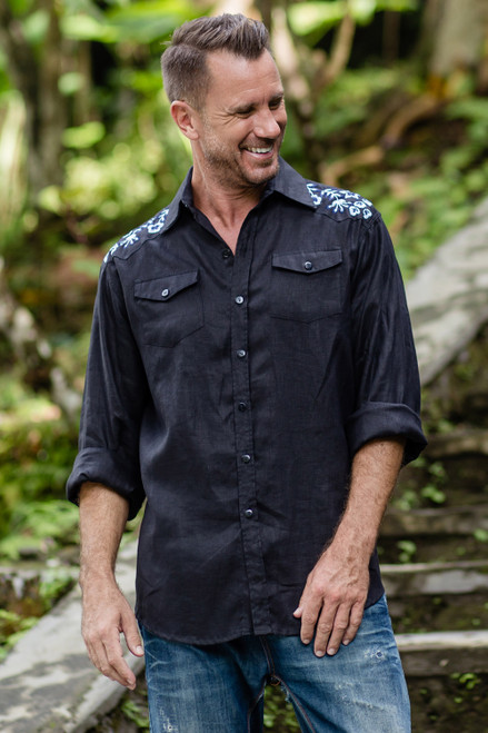 Men's Linen Shirt with Handmade Floral Embroidered Details 'Coal Garden'