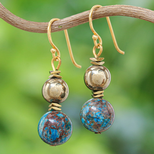 Jasper and Hematite Dangle Earrings with Gold Accented Hooks 'Golden Planet'