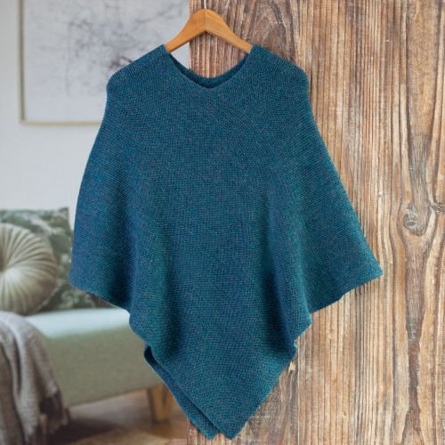Teal 100 Alpaca Poncho Crafted in Peru 'Pacific Waves'