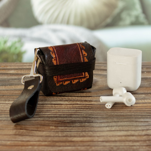 Artisan Crafted Brown Leather Earbud Case Holder from Peru 'Sacred Audio'