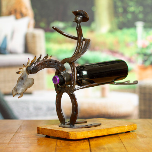 Handcrafted Oak Wood and Horseshoe Bottle Holder from Mexico 'Equestrian Bottle'