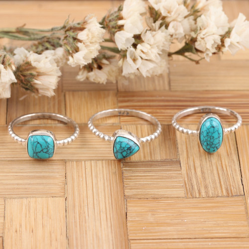 Set of 3 Sterling Silver Recon Turquoise Solitaire Rings 'Triple Charm'