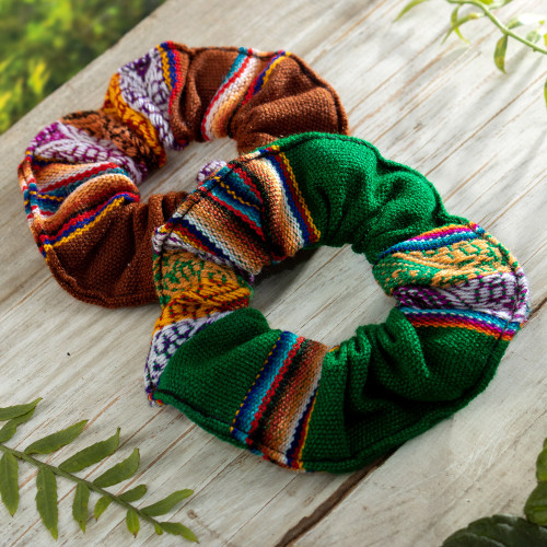 Set of 2 Brown and Green Andean Acrylic Scrunchies 'Andes Nature Fantasy'