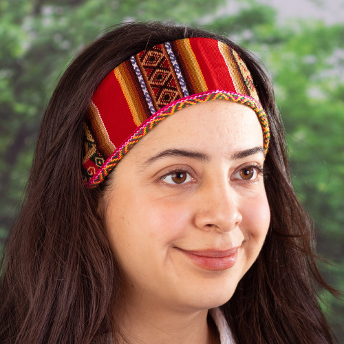 Acrylic Headband Made with Andean Textile in Vibrant Red 'Andean Sunset'