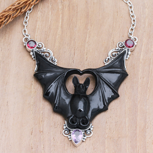 Horn Amethyst Garnet  Sterling Silver Bat Pendant Necklace 'Midnight Bat'