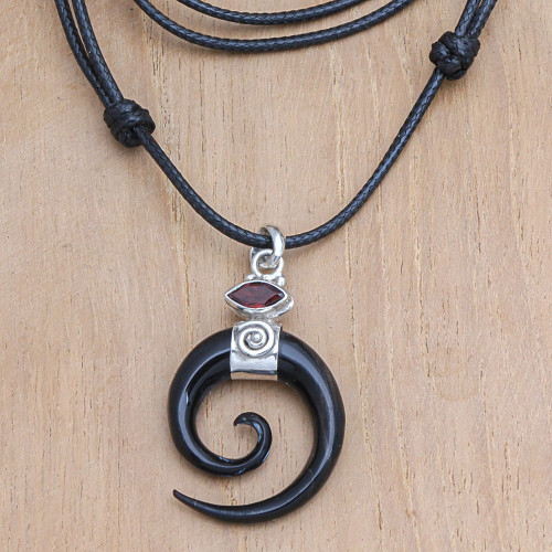 Spiral Horn Garnet and Sterling Silver Pendant Necklace 'Midnight Halloween'