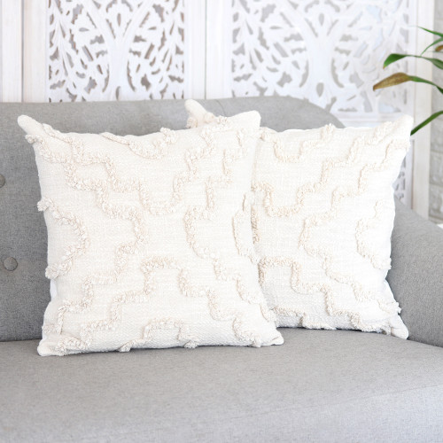 Pair of Ecru Cotton Cushion Covers with Embroidered Details 'Ecru Tunnels'
