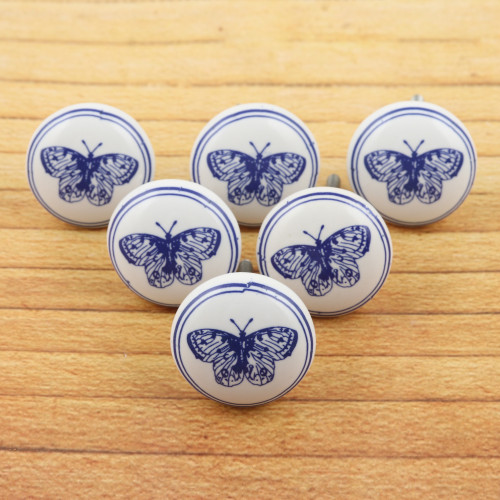 Set of 6 Butterfly-Themed Handcrafted Ceramic Knobs in Blue 'Fluttering Dreams'