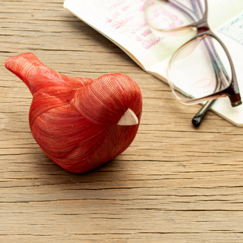 Handmade Cedar Wood and Natural Fiber Bird Figurine in Red 'Red Plumage'