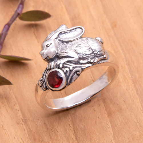 Rabbit-Themed Cocktail Ring with Natural Garnet Stone 'Perseverance Rabbit'