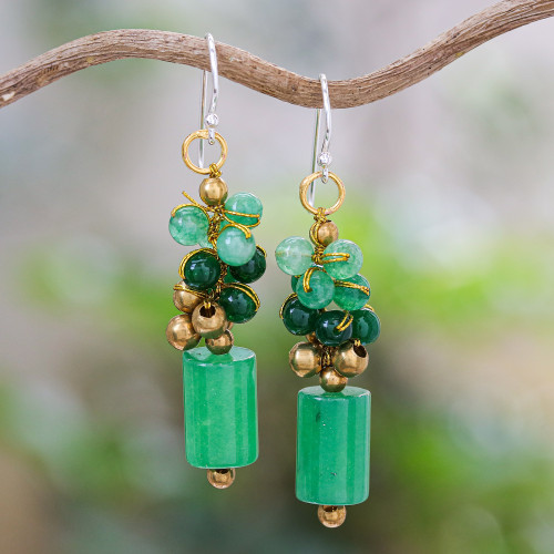 Quartz and Brass Beaded Dangle Earrings with Silver Hooks 'Green Touch'