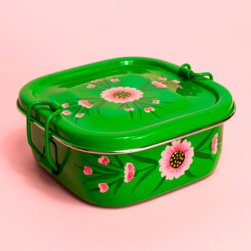 Hand-painted Stainless Steel Lunch Box Tiffin in Green 'Floral Green Tiffin'