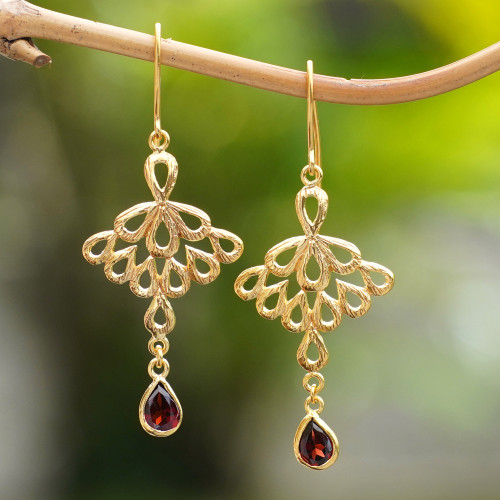 Peacock-Themed Gold-Plated Dangle Earrings with Garnet Gems 'Perseverance Feathers'