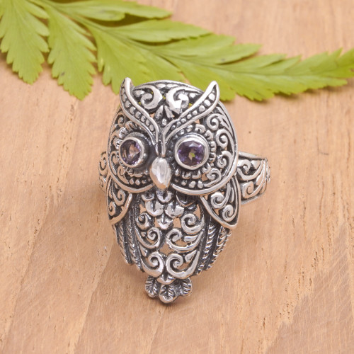 Amethyst and Sterling Silver Owl Cocktail Ring from Bali 'Purple Baby Owl'