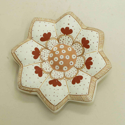 Hand-Painted Floral Ivory and Brown Ceramic Wall Art 'Flourishing Morning'