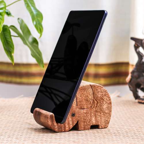 Hand-Carved Elephant-Themed Raintree Wood Phone Holder 'Helpful Trunk'