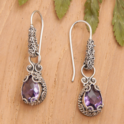 Amethyst  Silver Dangle Earrings with Intricate Engravings 'Exquisite Purple'