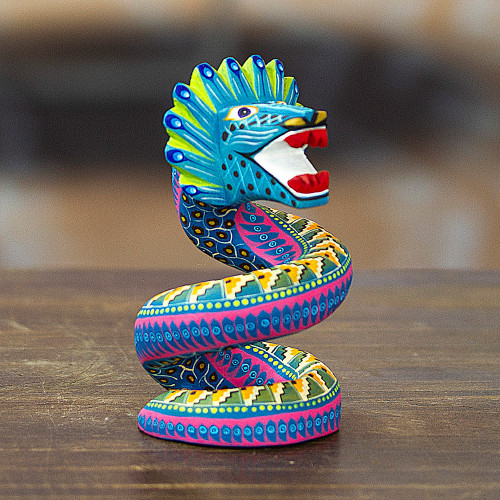 Hand-Painted Wood Alebrije Quetzalcoatl Serpent Figurine 'Majestic Quetzalcoatl'