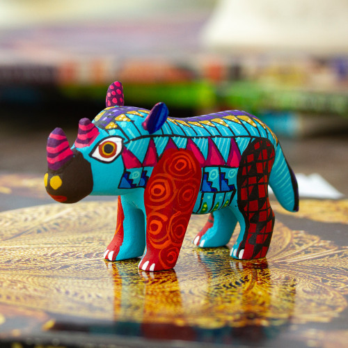 Alebrije Rhino Copal Wood Figurine Painted in Aquamarine 'Aquamarine Rhino'