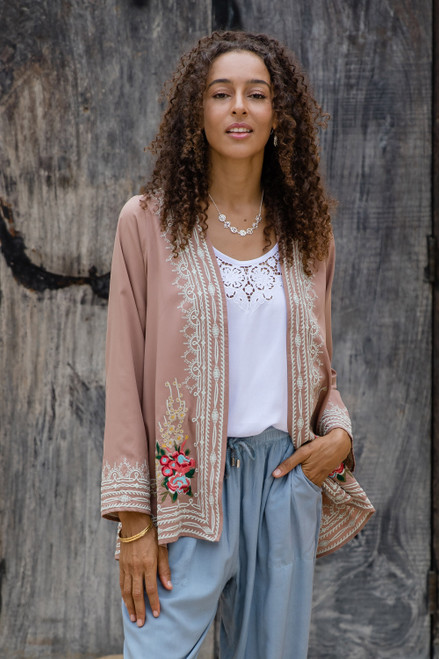 Embroidered Floral Rosewood Jacket with Open Front 'Rosewood Summer'