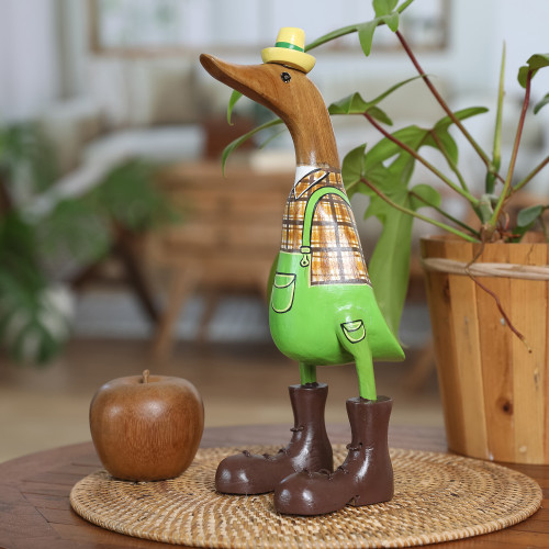 Handcrafted Bamboo Root and Teak Wood Gardener Duck Figurine 'Gardener Duck'