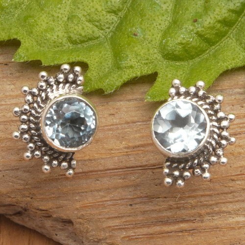 Polished Sterling Silver Stud Earrings with Blue Topaz Gems 'Crescent Loyalty'