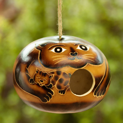 Hand-Painted Cat-Themed Dried Gourd Birdhouse from Peru 'Mama Cat'