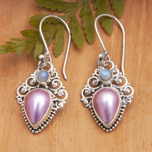 Classic Rainbow Moonstone and Cultured Pearl Dangle Earrings 'Palatial Pearls'