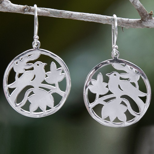 Nature-Themed Round Sterling Silver Dangle Earrings 'Morning Chorus'