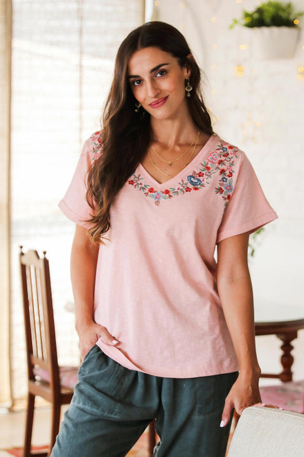 Embroidered Pink Cotton T-Shirt from India 'Spring Glee in Petal Pink'