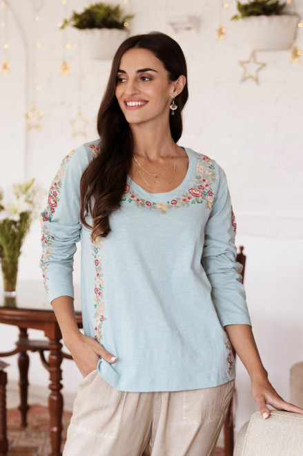 Embroidered Blue Cotton T-Shirt 'Floral Ode in Celadon'