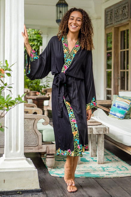 Embroidered Black Rayon Robe 'Night Flowers'