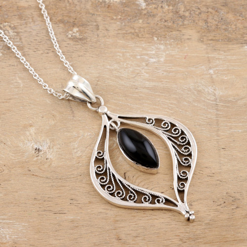 Sterling Silver and Onyx Pendant Necklace 'Midnight Petal'